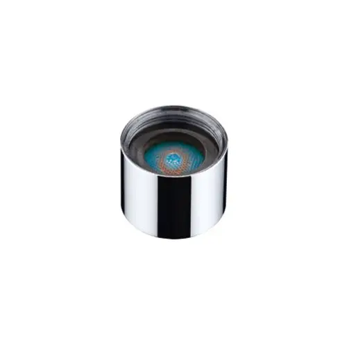 Luftsprudler in Edelstahl-Optik von Hansgrohe, zylinderförmig mit offenem Innenteil, sichtbar gemusterte Scheibe im Inneren.